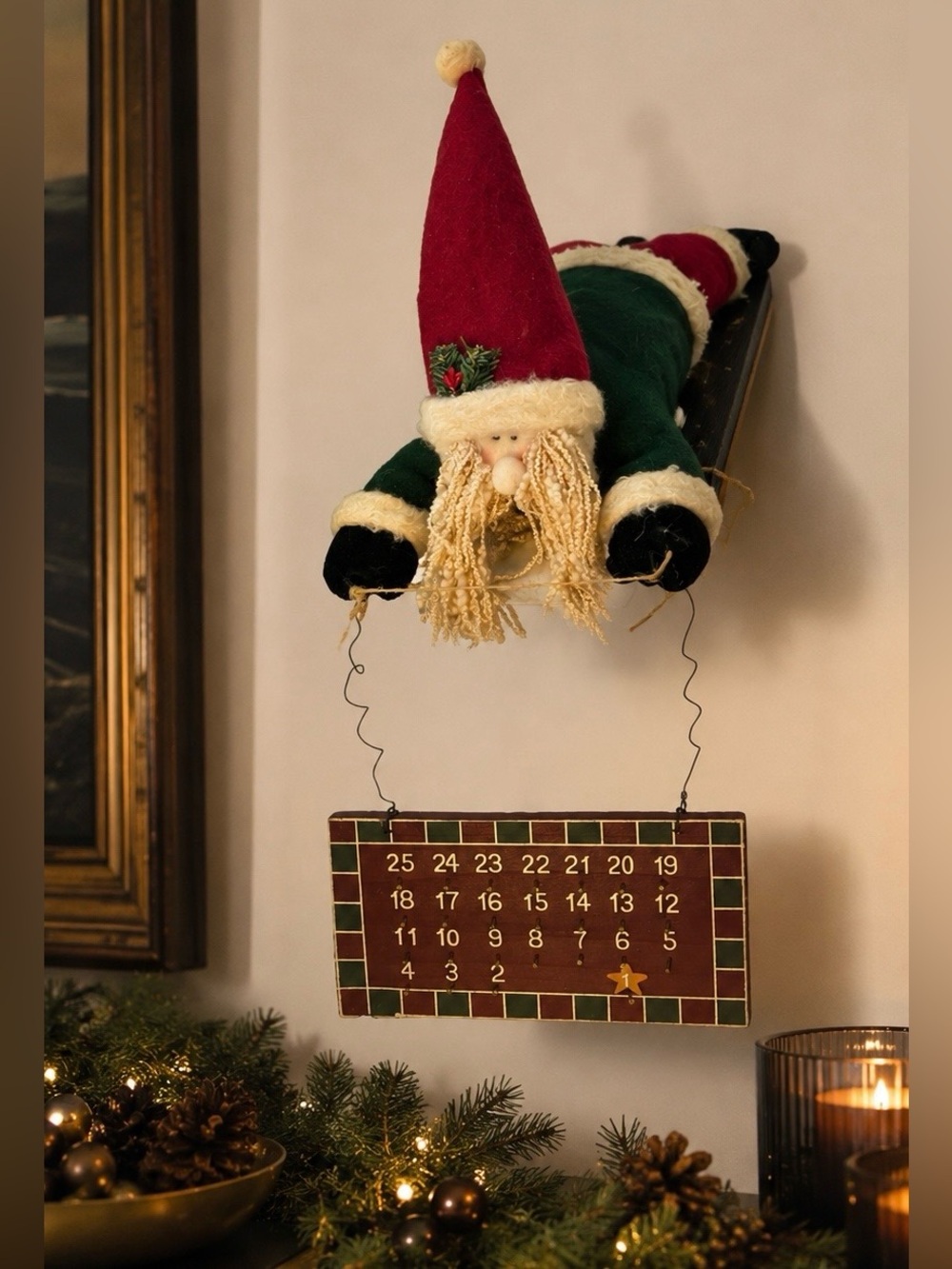 Vintage Sledding Santa Christmas Countdown Wooden Calendar Wall Decor 19.5” x 7”